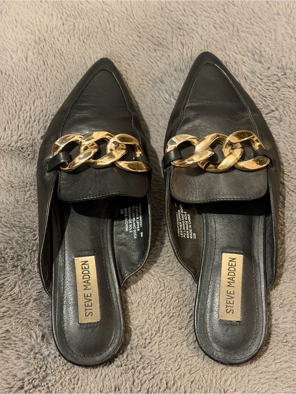 Steve Madden Black Leather Pointed Mules with Gold Chain